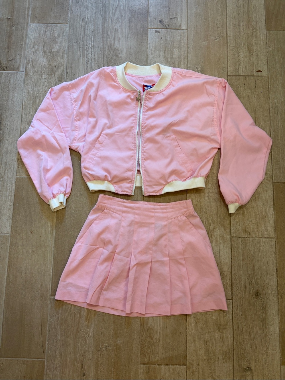 Tail Pink Pleated Skirt & Cropped Bomber Jacket 2 Piece Set Y2K